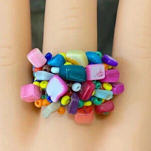 Rainbow Handmade Seed Bead and Stone Chips Stretch Ring
